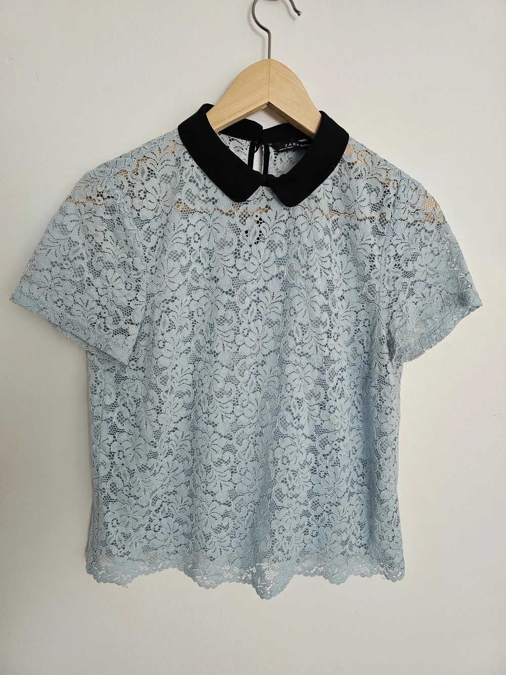 Zara Powder Blue Lace Blouse Black Peter Pan Collar Size S - Picture 2 of 8